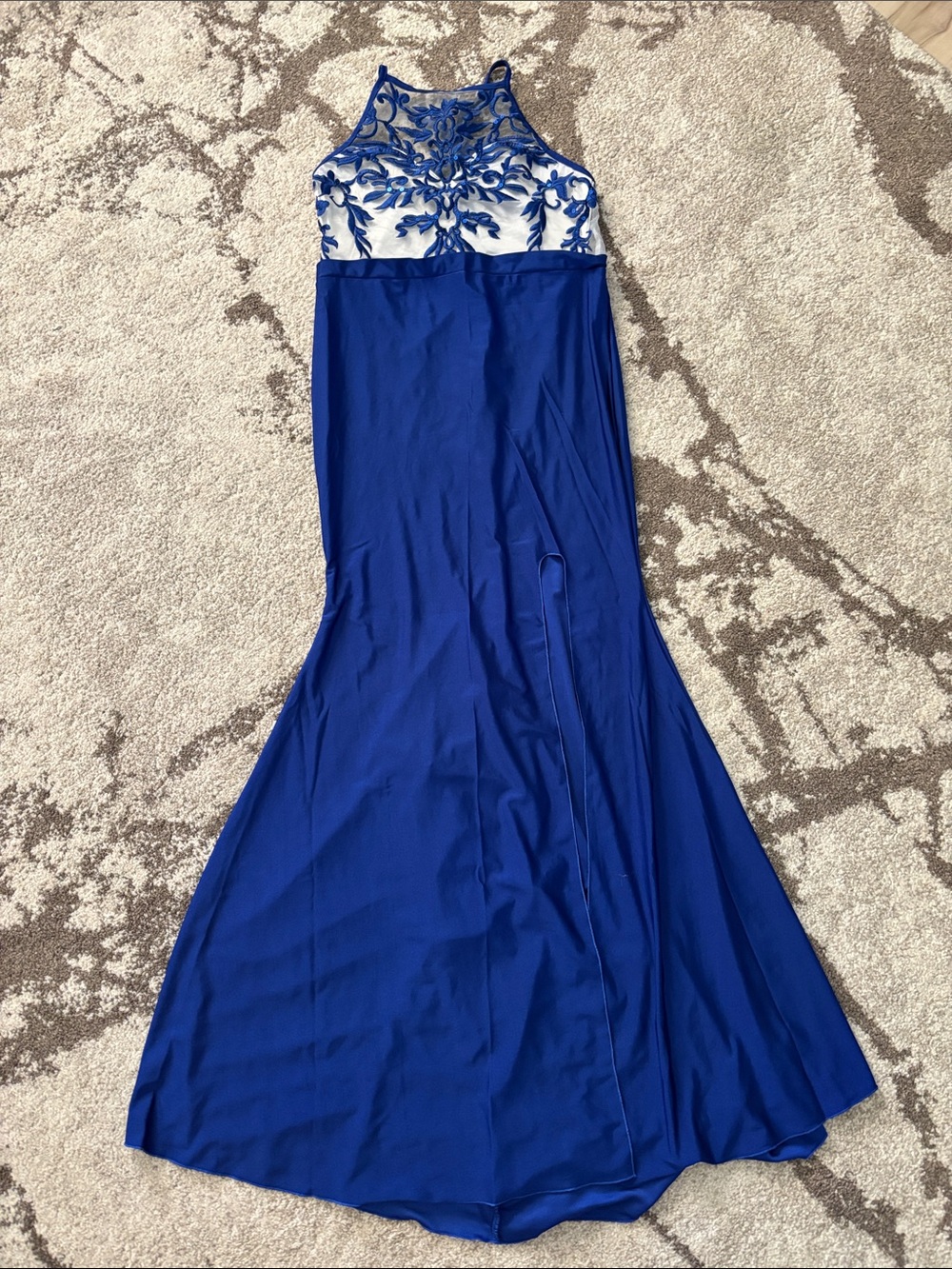 Royal Blue White Floral Embroidered Halter Maxi Dress Homecoming Formal New